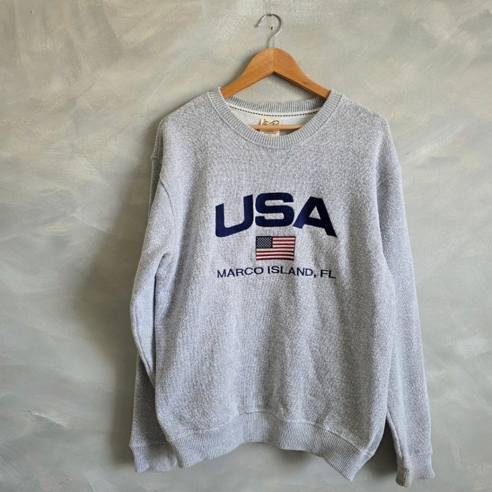 USA FLAG EMBROIDERED Marco Island FL Crewneck Sweatshirt Pacific & Co Sz M Mens